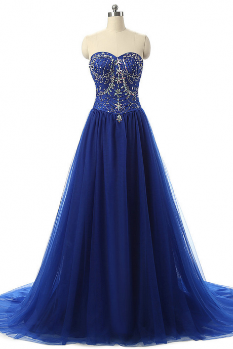 Royal Blue Beaded Embellished Sweetheart Floor Length Tulle Formal Dress, Prom Dress