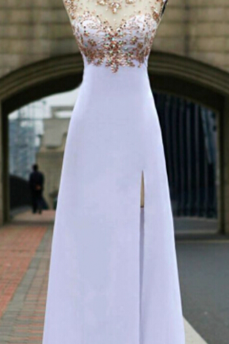 White Chiffon Open Back Long Prom Dresses Backless Prom Dresses