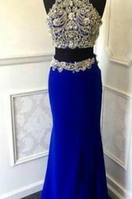 Two Pieces Long Sheath Royal Blue Beaded Prom Dresses,sexy Evening Dresses,