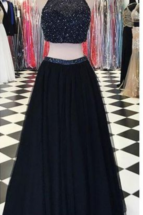 Design Long Two Pieces Black Halter Prom Dresses, Prom Gowns,modest Evening Dresses,