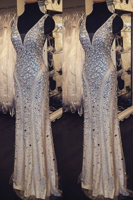 Sequin Shiny Long Beading Prom Dresses,v-neck Prom Dress, Prom Dress