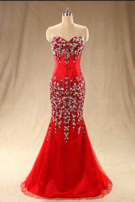 Red Model Beaded Mermaid Dress Fashion Slim Package Hip Dance Party Dress Leakage Shoulder Sleeveless Reception Evening Dress