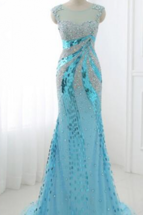 Fashionable Women's Party Dress Blue Beaded Sequins Mermaid Dance Dress Bridesmaid Dress
