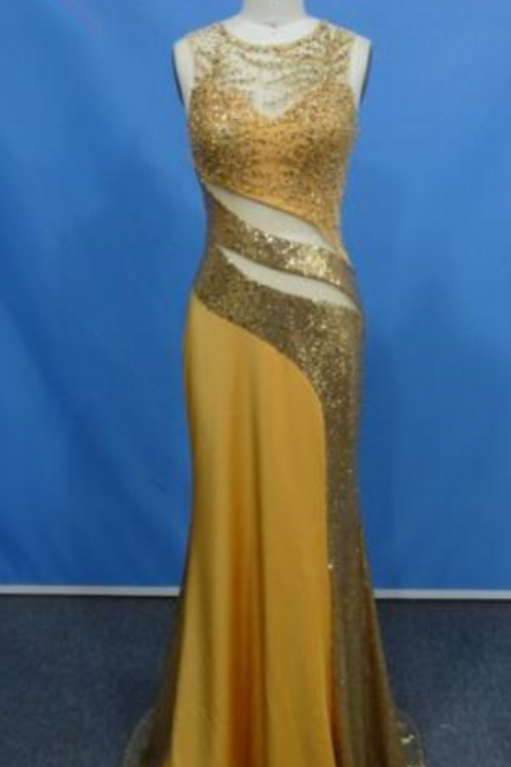 Gorgeous Golden Mermaid Jersey Prom Dress Long Scoop Neck Sequined Floor Length Evening Party Dress
