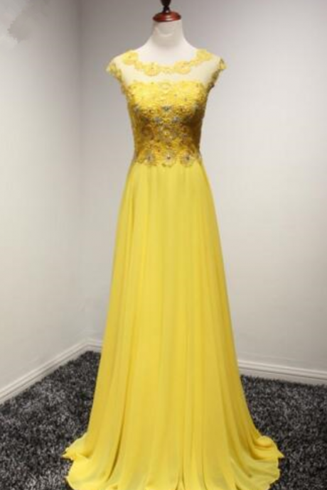 Elegant Cap Sleeves Yellow Evening Dresses Long Beaded Appliques Evening Gowns Women Robe Women's Sleeveless Evening Dresses