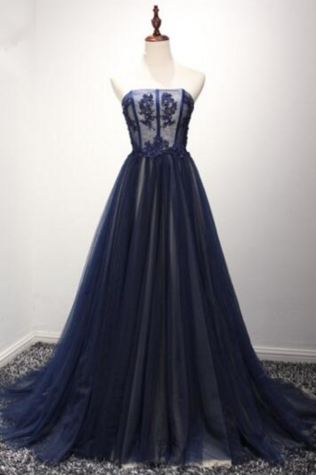 Elegant Strapless Navy Blue Evening Dress Long Off The Shoulder Appliques Formal Party Gowns Robe Bra Fashion Noble Women Dress Prom Dress
