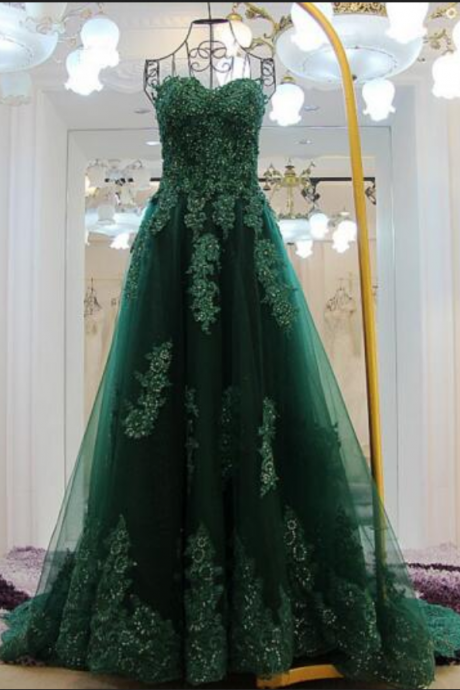 Emerald Green Lace Decal Evening Dress Women Fashion A Line Tulle Long Evening Dress Sleeveless Tube Top Sexy Prom Dress