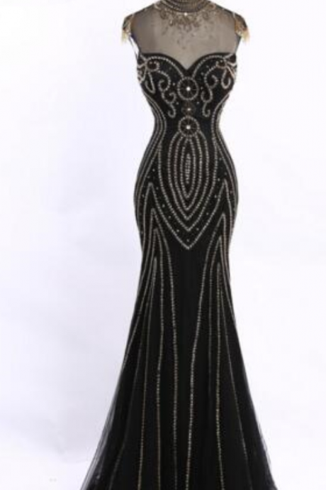 Fashion Black Shiny Beading Prom Dresses High Neck Sexy Mermaid Floor Length Long Prom Gowns Formal Dresses Party Dresses