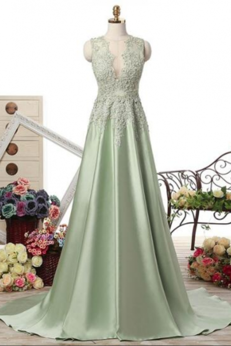 Elegant A Line Long Prom Dresses Satin With Applique Lace Evening Party Dress Real Photos