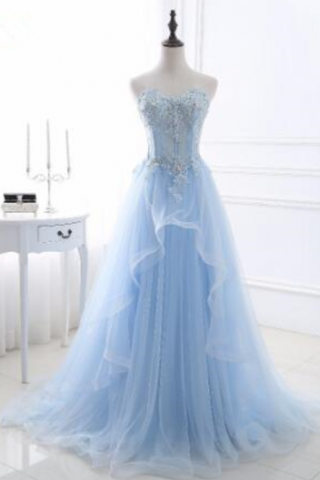 Sexy Backless Luxury Beading Crystal Evening Dress Gown Long Sky Blue Tulle Evening Party Dress
