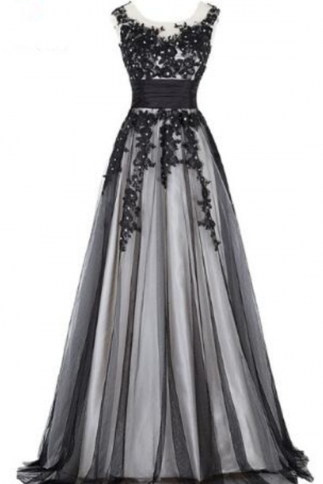 Elegant Black Appliques Sleeveless Soft Tulle Women's Fashionable Party Dress Floor Length