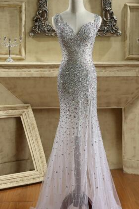 Sexy Backless Long Mermaid Prom Dresses Tulle Beaded Crystals Elegant Dress Evening Dresses