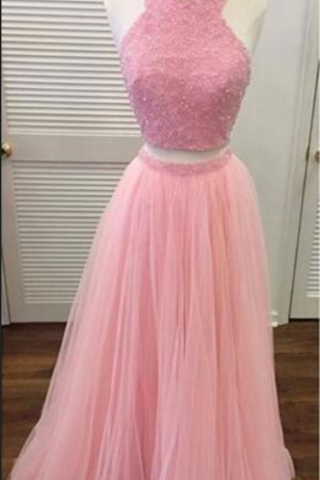 Women's Fashion Two-piece Ball Prom Dress Sexy Umbilical Cocktail Dress Tulle A Line Bridesmaid Dress Pink Sweet Evening Dress