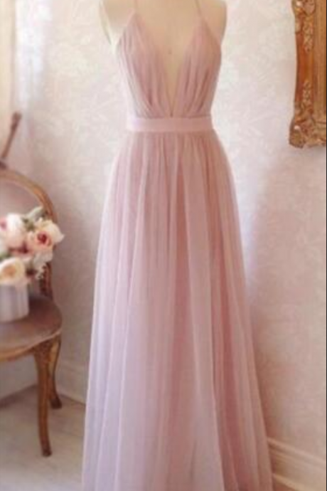 Sexy Light Pink Tulle Floor Length Of Prom Dresses V Neck Backless Folding Party Dress Clothes Women