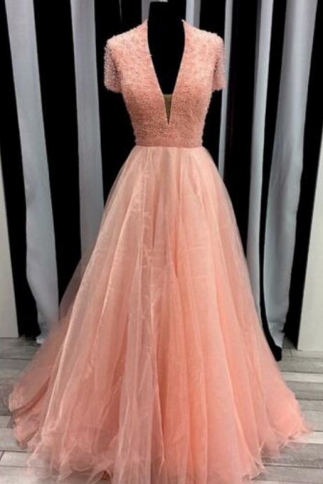 Party Dresses Short Sleeve V Collar Pink Tulle A Line Fashion Cocktail Dress Beaded Floor Length Evening Dress