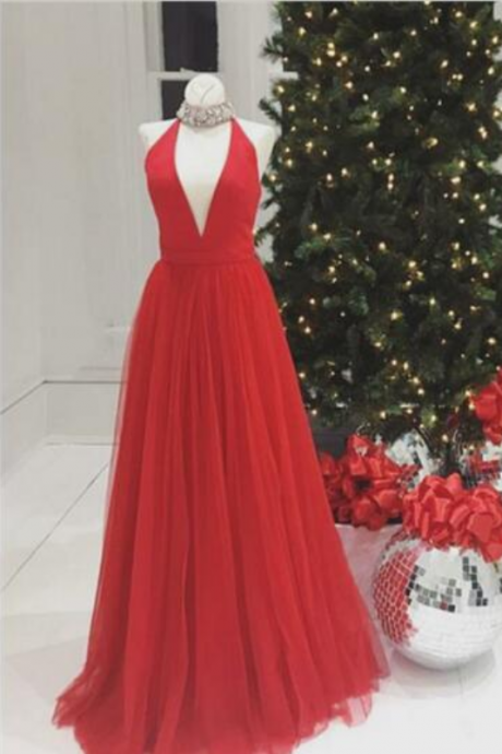 Red Deep V-neck Sleeveless Dress Chiffon Women's Reception Dress Sexy Prom Dress