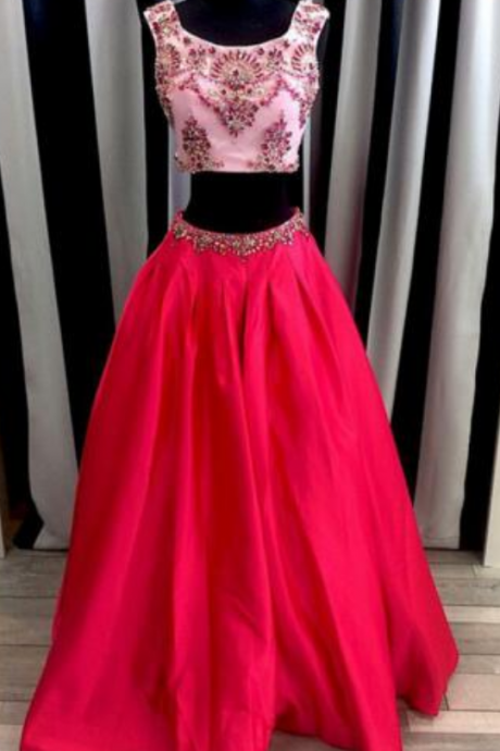 Two Pieces Red Sticky Crystal Scoop Satin A-line Sleeveless Sexy Prom Dresses Robe De Soiree Rouge Graduation Dresses