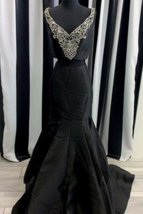 Gorgeous Black Prom Gowns Bright Sticky Crystal Off Shoulder Mermaid Formal Two Pieces Dresses Satin Floor Length Prom Dresses