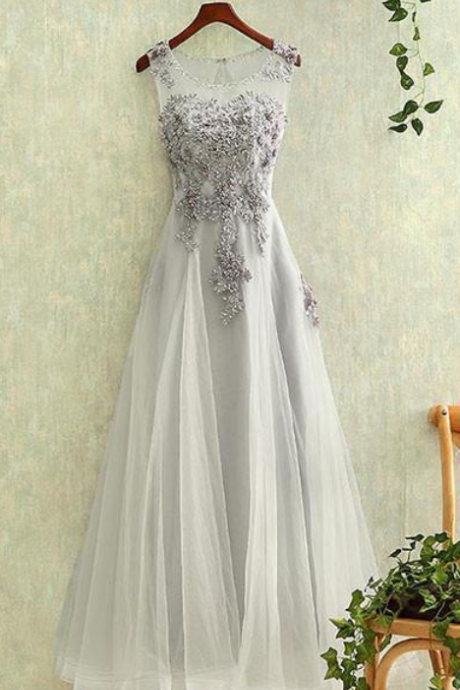 Gray Floral A-line Round Neck Lace Tulle Long Prom Dress Gray Evening Dress