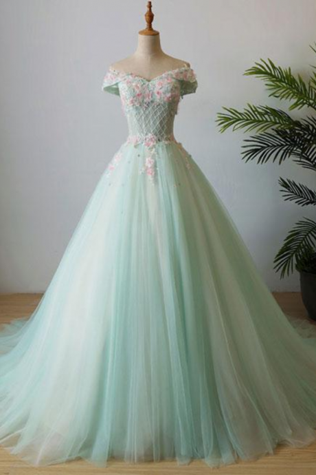Green V Neck Tulle Beads Long Tulle Evening Prom Dress