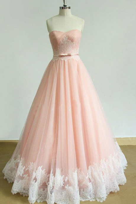 Sweetheart Lace Sweep Train Pink Ruched Prom Dress With Sash