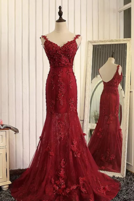 Low Back Burgundy Prom Dress With Lace