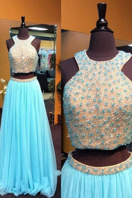 Charming Prom Dress,two Pieces Prom Dress,tulle Prom Dress,beading Prom Dress,a-line Evening Dress