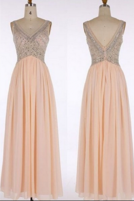 Blush Pink V-neck Prom Dresses Long Crystal Beaded Evening Gowns A-line V-neck Chiffon Party Dress