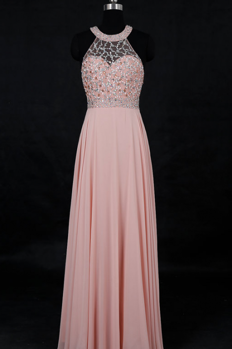 Round Neck Floor Length Chiffon Prom Dress With Beads