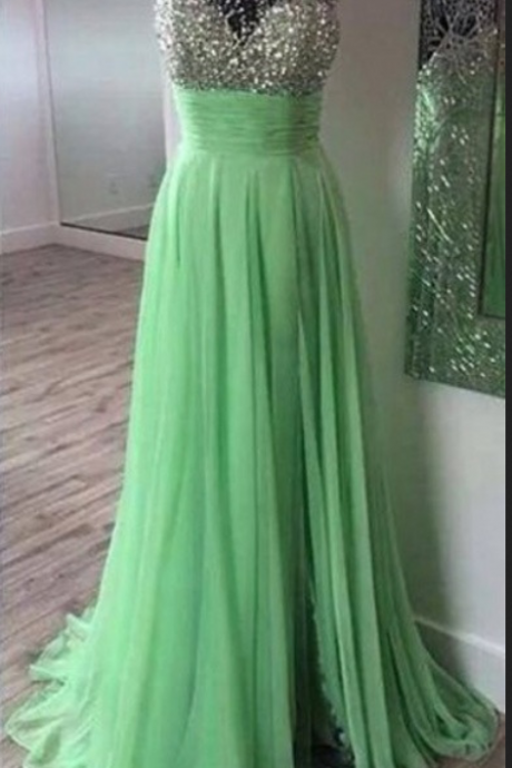 Custom Made Green Sleeveless Illusion Neckline Floor Length Prom Dress With Chiffon Skirt