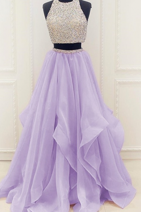 Organza Two Pieces Prom Dress With Beaded Crop Top