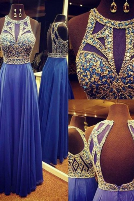 Royal Blue Beaded Prom Dress With Keyhole Back