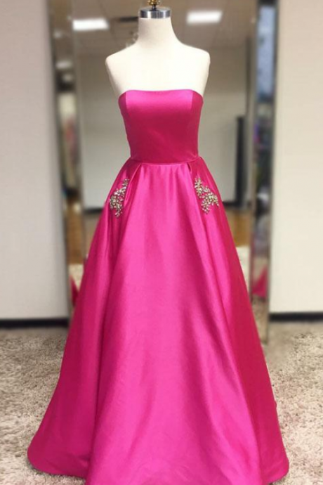 Fuchsia Strapless Long Prom Dress With Pockets