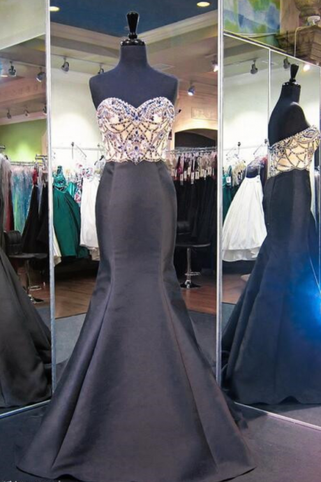 Black Satin Mermaid Prom Dress With Beads