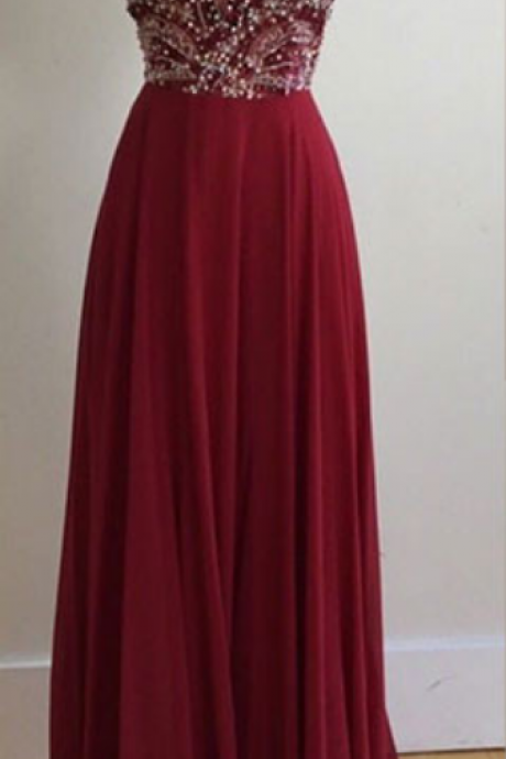 Dark Red Beaded Long Prom Dress