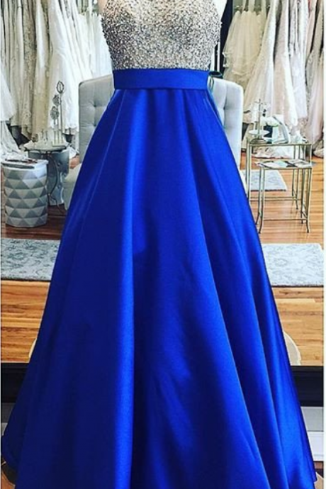 Halter Royal Blue Long Prom Dress With Beaded Bodice