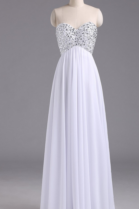 Strapless White Long Chiffon Prom Dress With Crystals