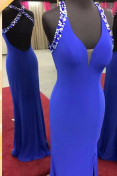 Long Royal Blue Prom Dress With Criss-cross Straps