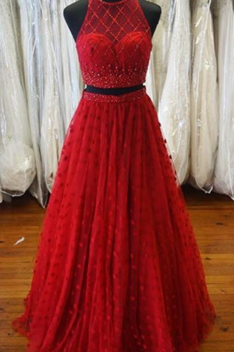 Red 2 Pieces Prom Dress With Polka Dots Skirt