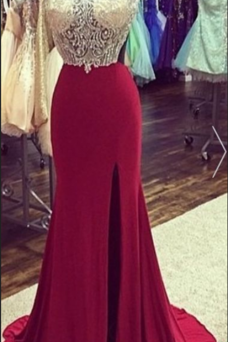 Illusion Bodice Beaded Prom Dress With Side Slit Evening Dresses