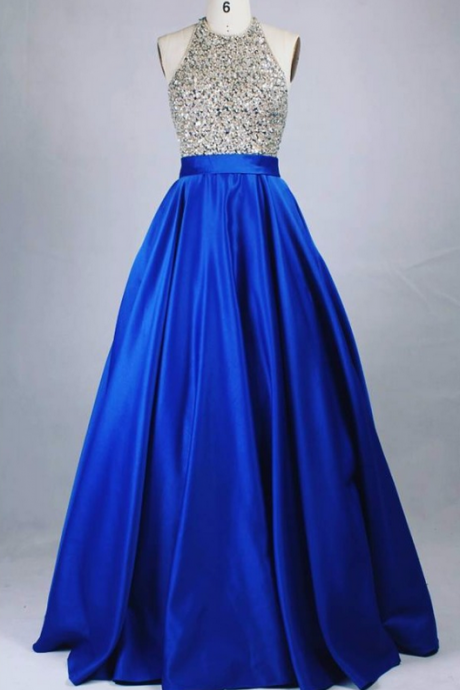 Halter Long Royal Blue Prom Dress With Open Back Evening Dresses