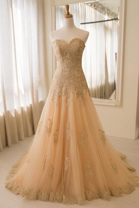 Strapless Champagne Wedding Dress With Appliques Evening Dresses