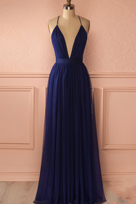 Plunging Neck Navy Blue Maxi Dress Evening Dresses