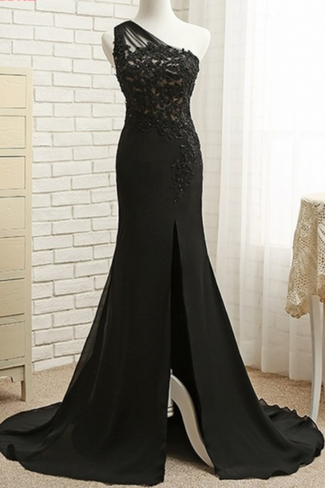 Black One-shoulder Lace Mermaid Long Prom Dress, Evening Dress Featuring Side Slit And Sweep Train