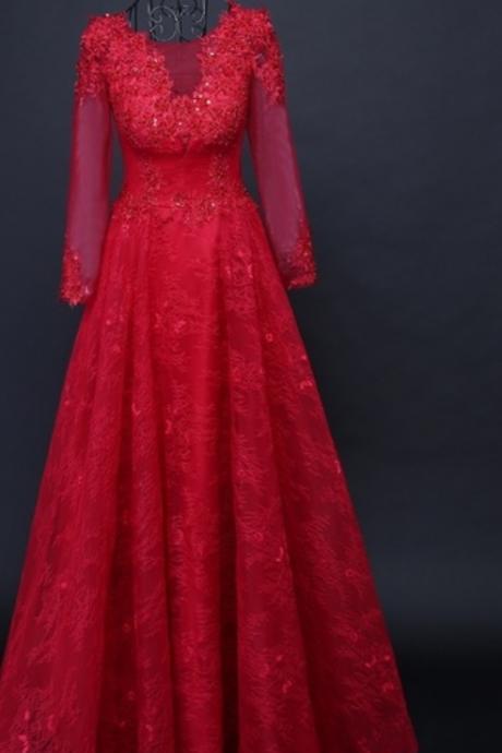 The Red Long Sleeve Lace Dress At Formal Dress Ball Party At Night And The Beauty Dress Is