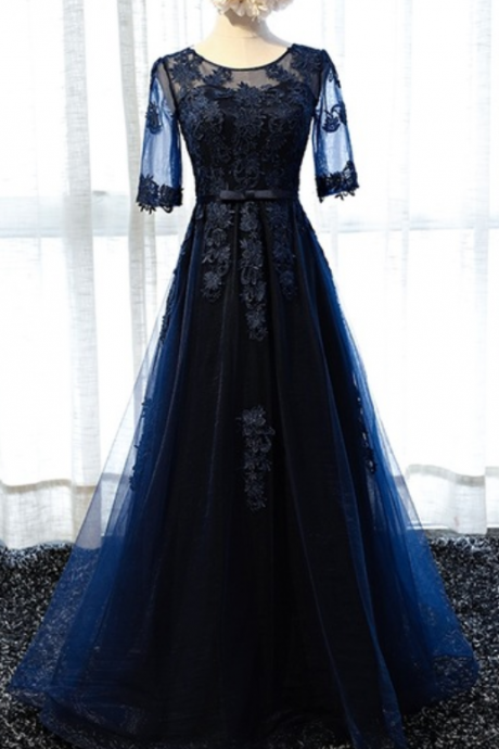 The Dark Blue Lace Dress And Sleeves Cut A Fine Beauty Dance Formal Evening Dress For