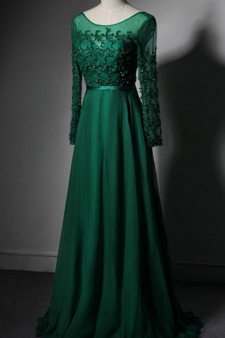 The Emerald Green Long-sleeved Evening Party Dress Beautiful Crystal Begins The Evening Gown Of The Formal Dress Ball