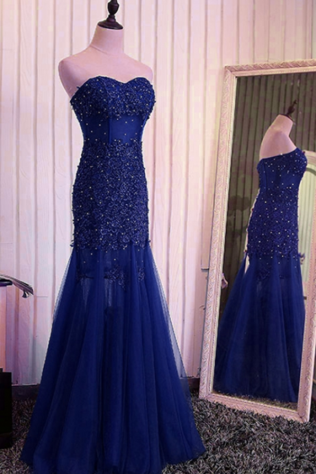 The Dark Blue Mermaid Lace Wedding Dress Prom Party Beauty Tulle Beaded Formal Evening Gown For