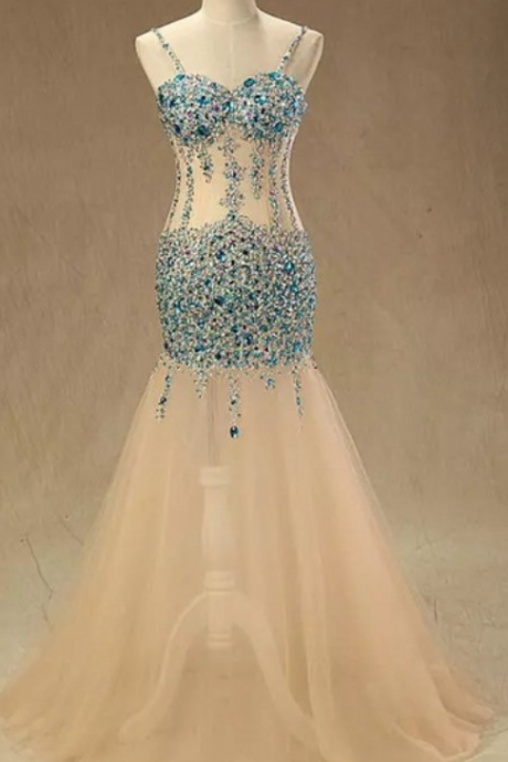 Spaghetti Strap Sweetheart Sheer Bodice Mermaid Long Prom Evening Dress Featuring Sparkly Rhinestones Embellishment