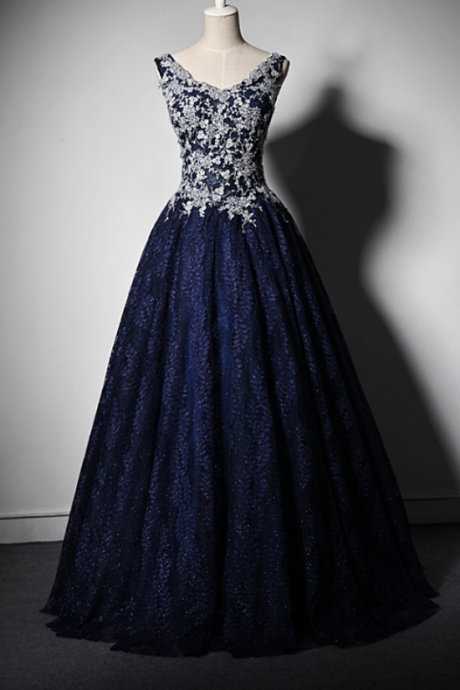 The Evening Gown Of A Woman With Long Dark Blue Lace Wedding Gown